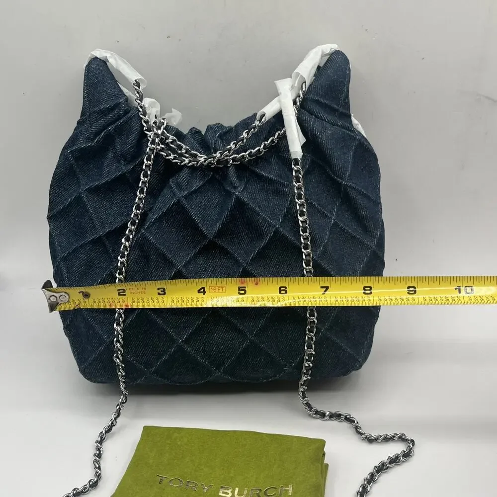 Tory Burch Fleming Blue Denim Hobo Tote Shoulder Crossbody Handbag Purse NWT